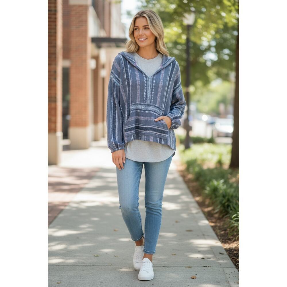 ✨ WALLFLOWER Boho Baja Hoodie Pullover – Striped Gray Mauve Blue – Size XL ✨ - Picture 1 of 5